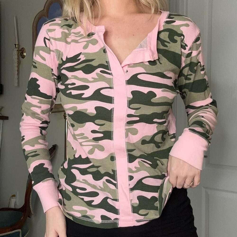 Natural Reflections Pink Camo Waffle Knit Henley